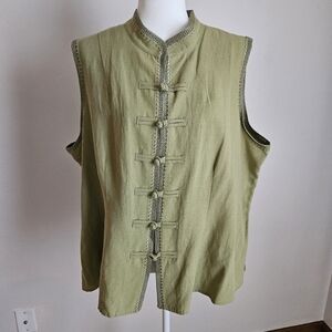 C J Banks 2X Cheongsam  Embroidered Olive Vest Silk Iinen Asian Inspired